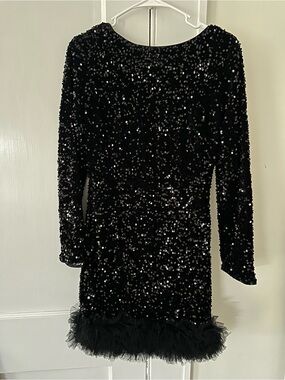 Black Sequin Mini Dress with Feather Hem